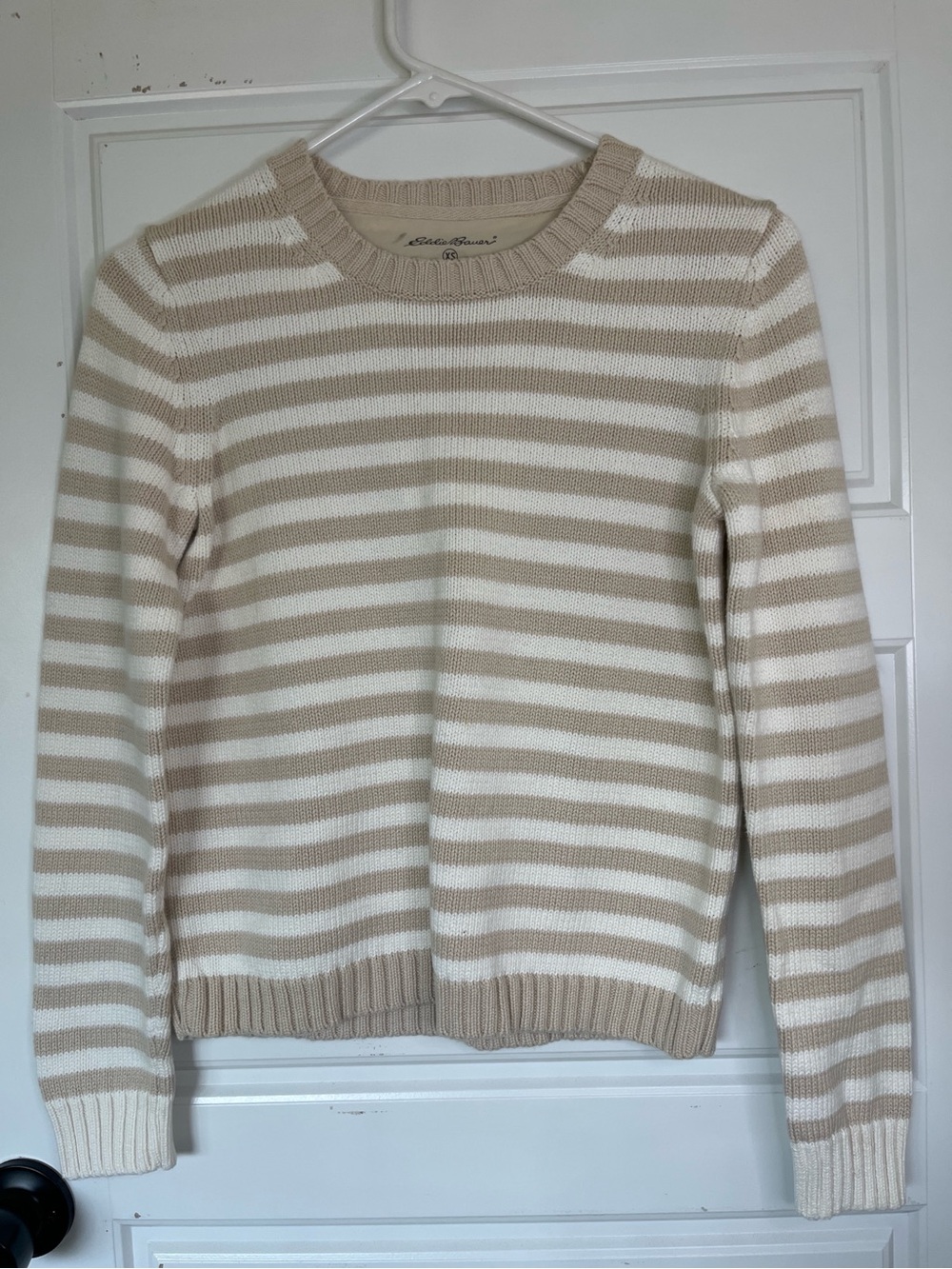 Eddie Bauer Cream and Beige Striped Crewneck Sweater